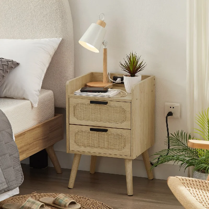 Set of 2 Handmade Rattan Nightstands with Outlets, USB Port, Octagonal Drawer, and Solid Wood Legs