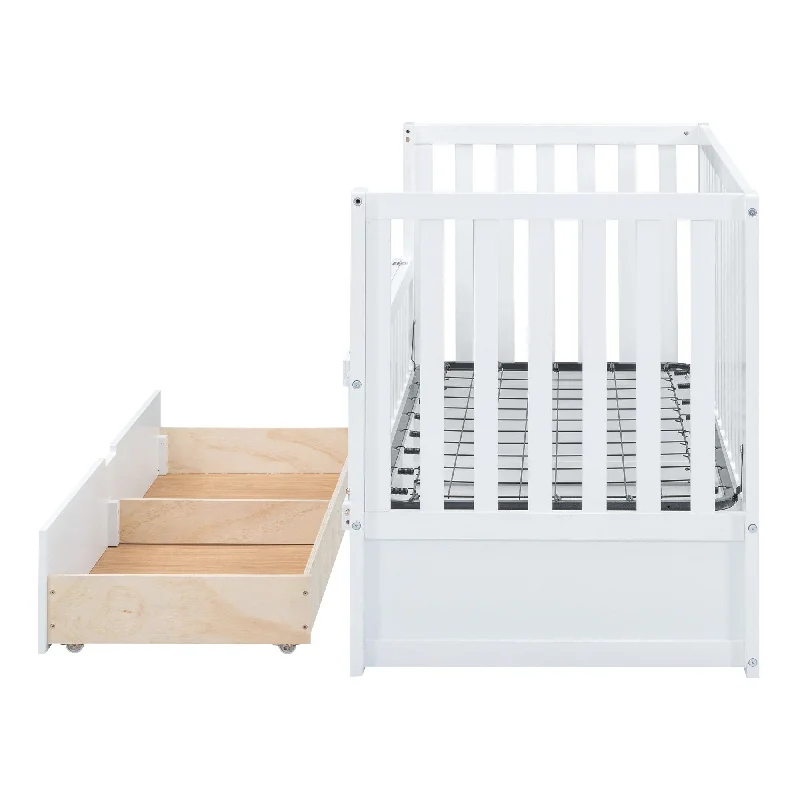 Solid Wood 2-in-1 Convertible Crib with Drawers, Adjustable Height, Converts to Toddler Bed, Space-saving