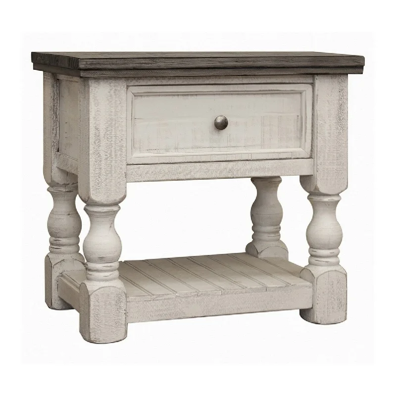 Suga 28 Inch Nightstand with Drawer, Shelf, Solid Pine Wood, Ivory and Gray