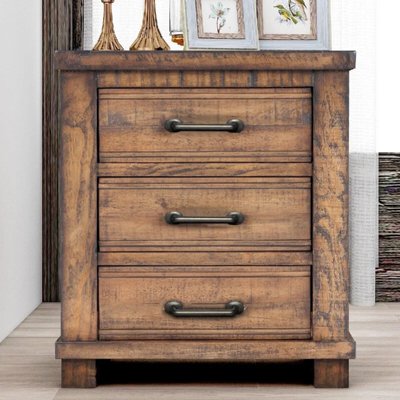 Three Drawer Reclaimed Solid Wood Framhouse Nightstand with Natural Oil Base