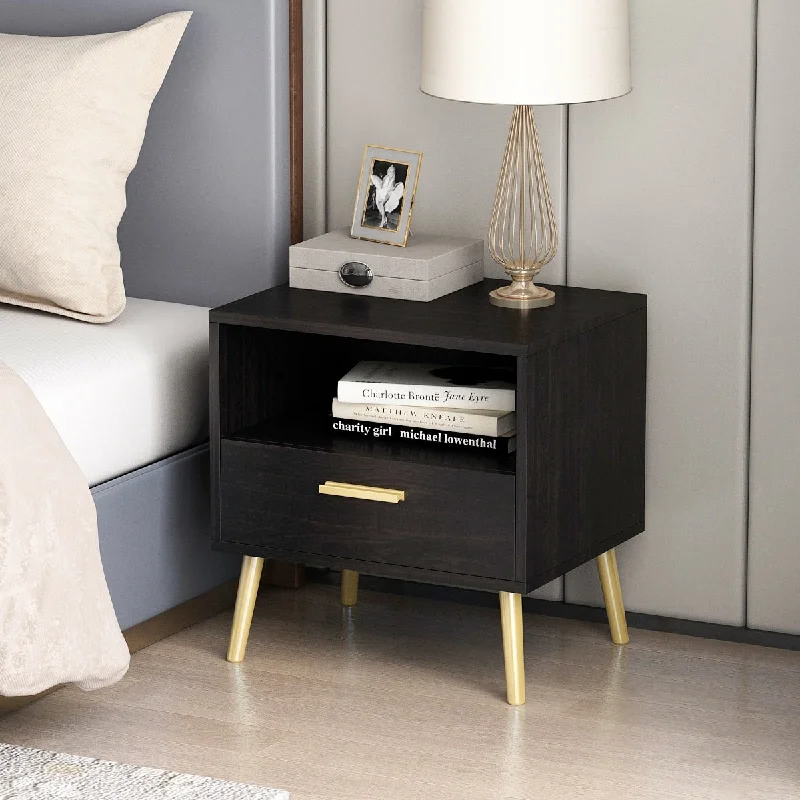 Timechee Nightstand Bedside Table Wood 1-Drawer with Open Shelf, Black