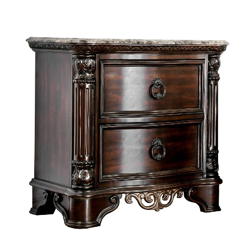 Transitional Wood Night Stand With Genuine Marble Top, Brown