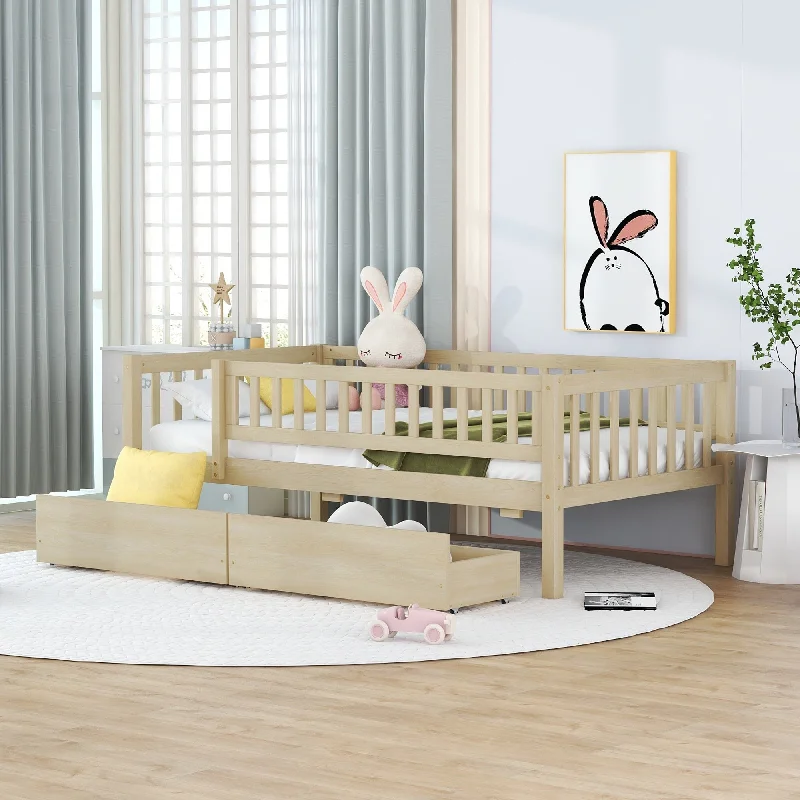 Twin Daybed w/Safety Fence for Kids Teens Boys Girls, Multi-Functional Design Solid Wood Platform Bed Frame w/2 Drawers,Natural