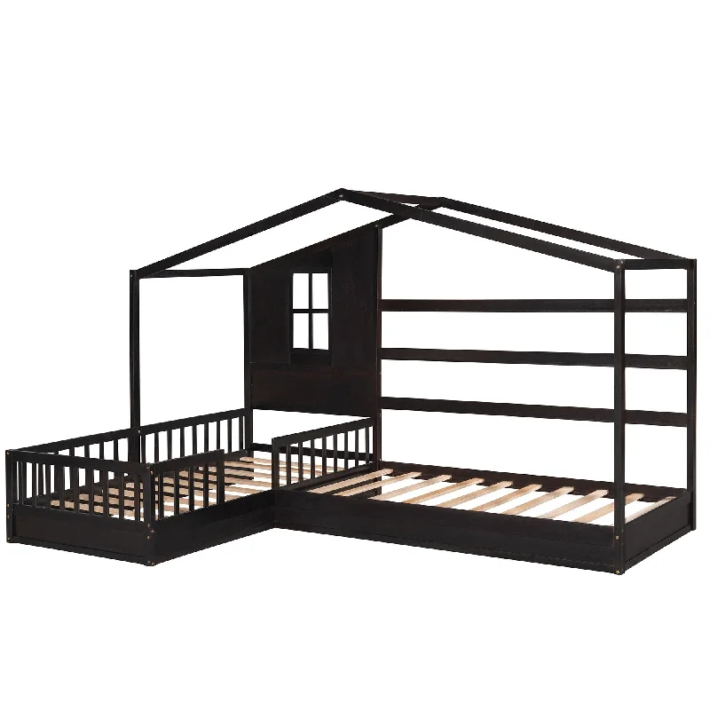 Twin L-Shaped House Bed with Fence & Slatted Frame