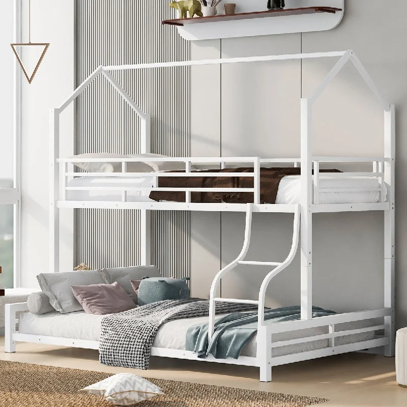 Twin Over Full Bunk Beds, Metal House Bed Frame w/Angled Ladder & Safety Guardrails, Convertible to 2 Beds, Triple Bunk Bed