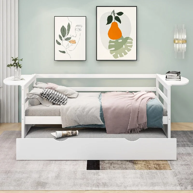 Twin Size Daybed with Trundle and Foldable Shelves on Both Sides