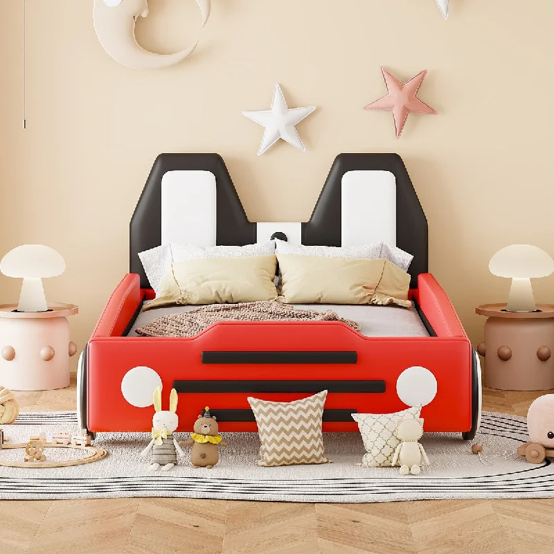 Twin Size PU Leather Race Car-Shaped Platform Bed with Wheels