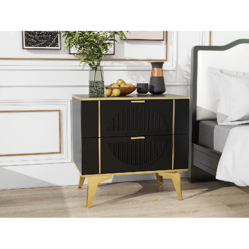 Two Pack Black 2 Drawer Round Card Gold Bar Blister Nightstand