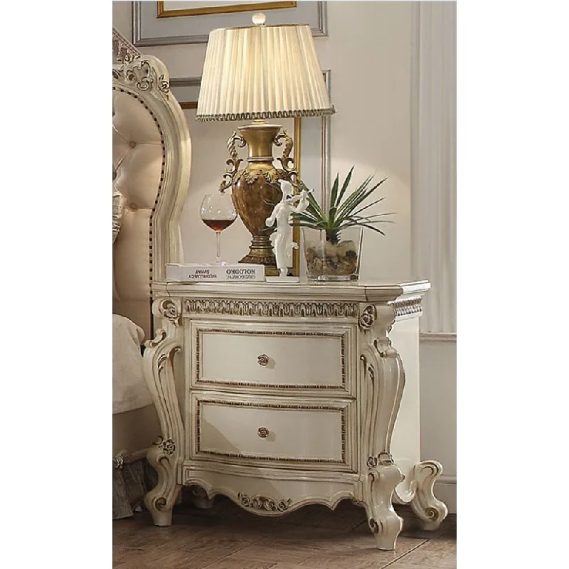 Vintage and Traditional Nightstand with 2 Drawers in Antique Pearl Poly Resin with Antique Contrast Finish