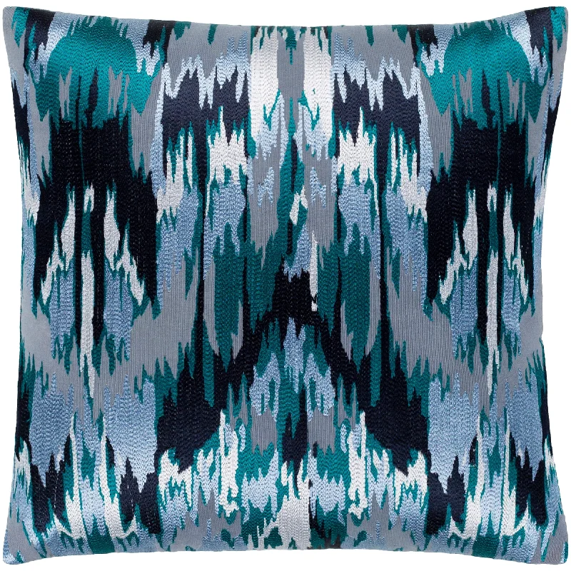 Virgil Grey & Blue Embroidered Ikat Poly Fill Throw Pillow (20" x 20")