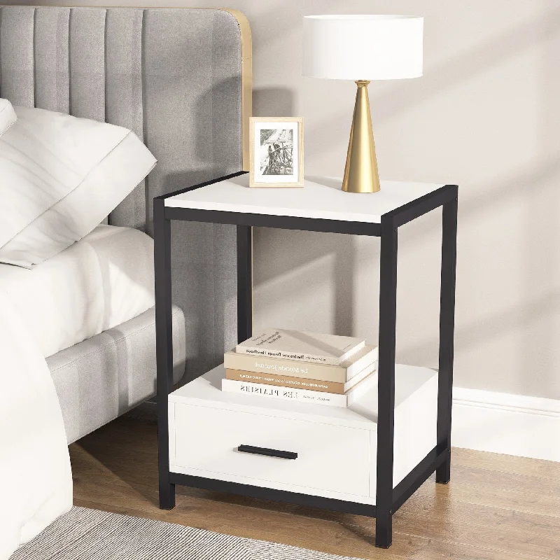 White and Gold Nightstands with Drawer and Storage Shelf