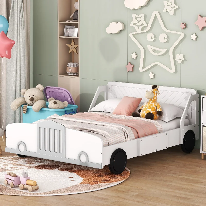 White Full Size Car-Shaped Platform Bed with Wheels and Headboard