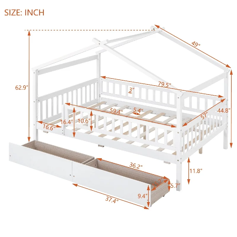 White Full Size Wooden House Bed with Storage Drawers - Classic Design