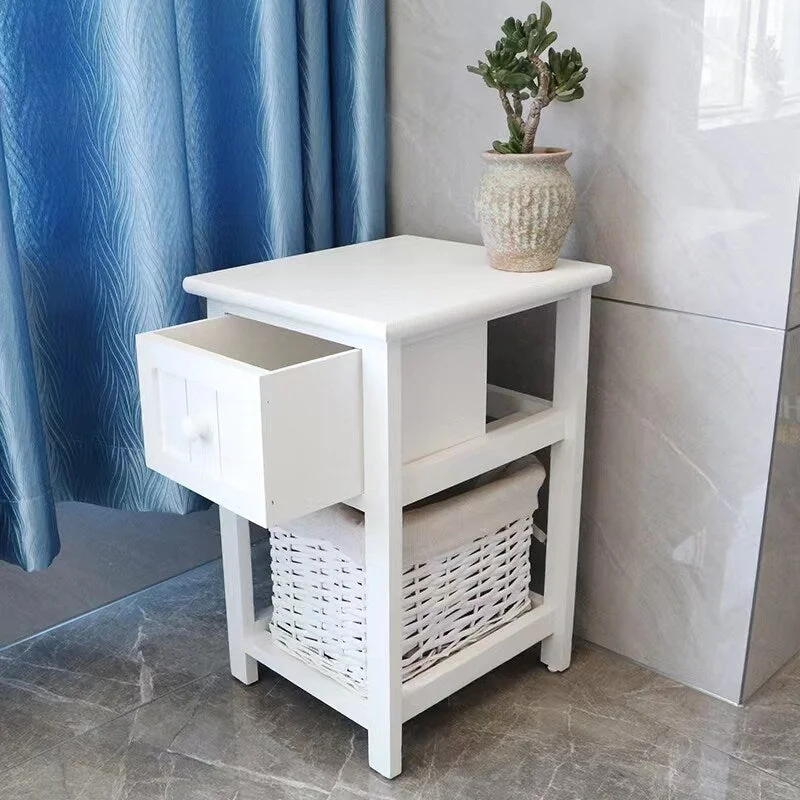 White Nightstand Accent Side Table Drawer and Storage Basket