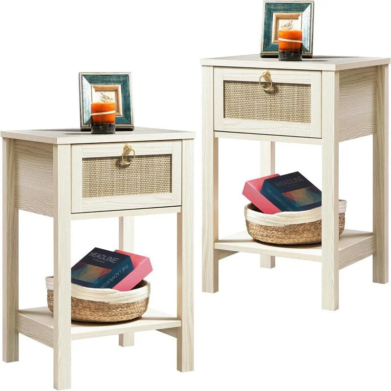 White Nightstand Set of 2 Rattan Decor Drawer