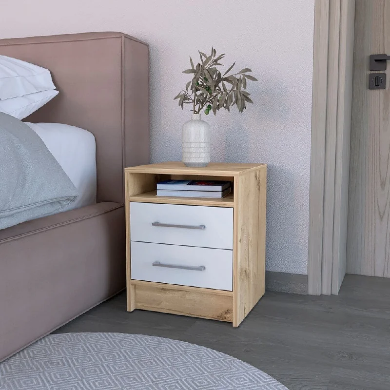 White Particleboard Nightstand Two drawers one Open Shelf