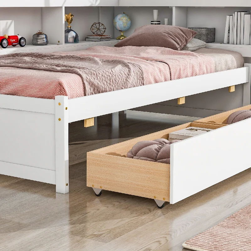 White Twin Size Bed with L-Shaped Bookcases and Drawers - Pine Wood Construction, Space-Optimizing Design