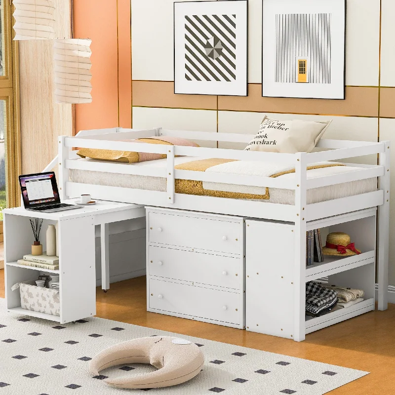 White Twin Size Loft Bed with Retractable Writing Desk and 3 Drawers - Three Color Options