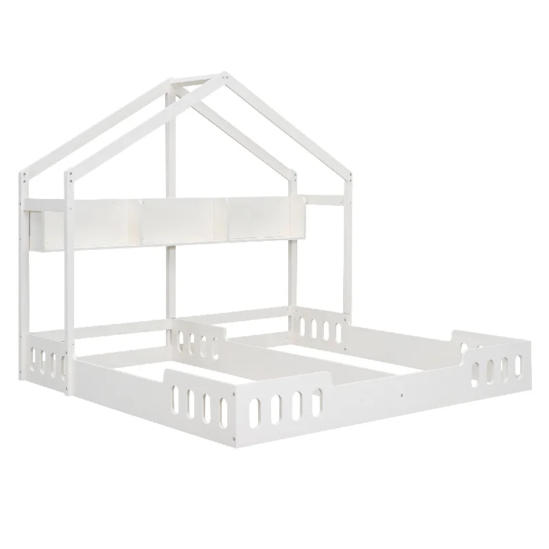 White Twin SizeWood House Platform Beds with Two Shared Beds, Complete with Shelves and Secure Guardrail