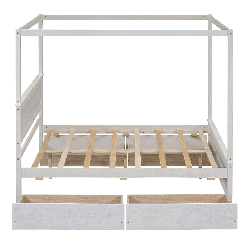 White Wood Full Size Canopy Platform Bed with Support Slats and Four Drawers