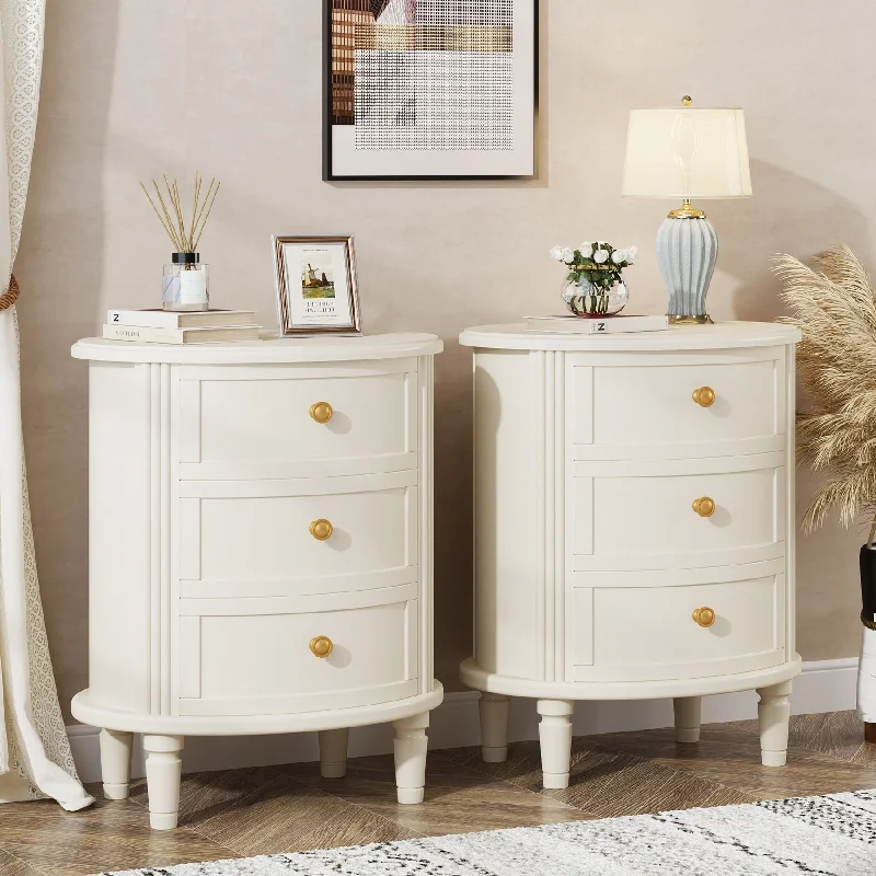 White Wood No Assembly Required 3-Drawer Bedside Table for Bedroom