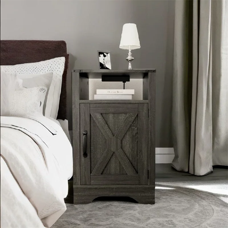 Wood Nightstands Cabinet with Charging Station and Door