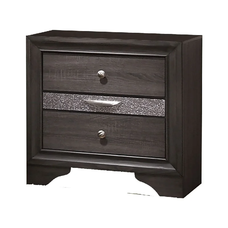 Wooden Nightstand with 2 Drawers and 1 Jewelry Drawer, Gray and Silver