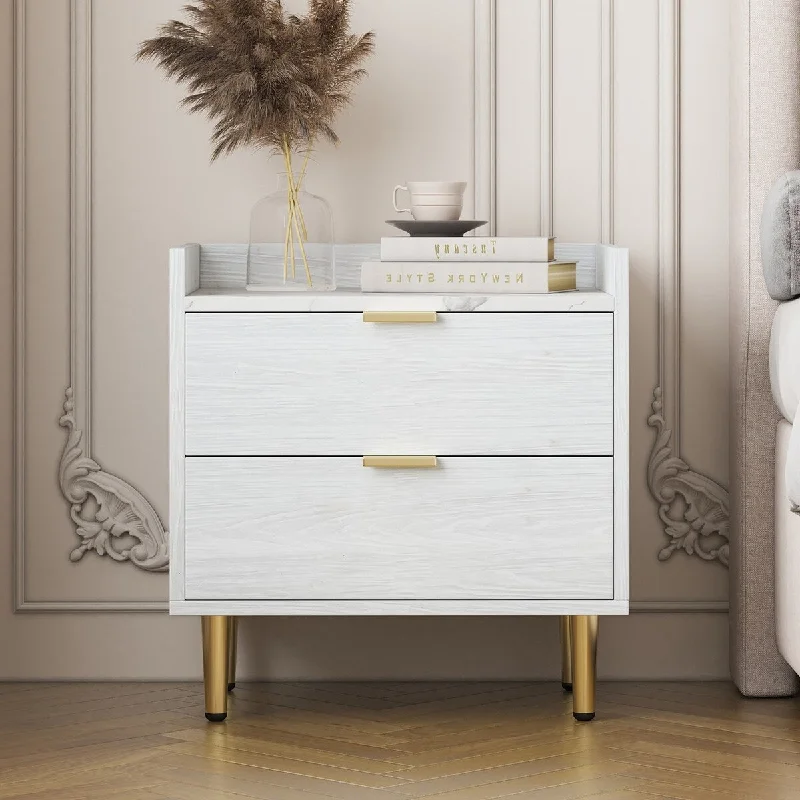 Wooden Nightstand with 2 Drawers and Marbling Worktop