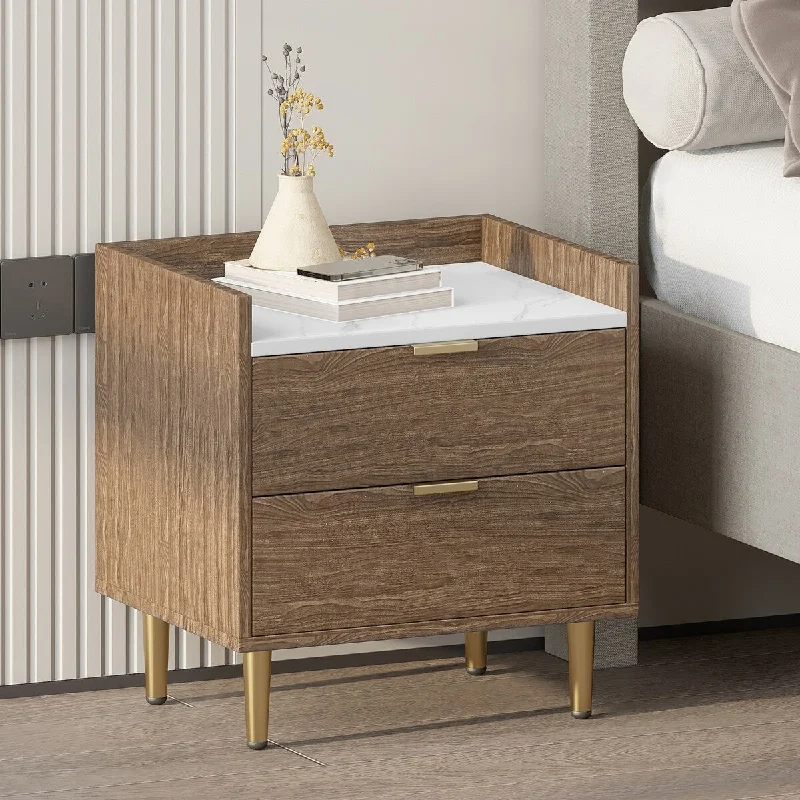 Wooden Nightstand with 2 Drawers and Marbling Worktop