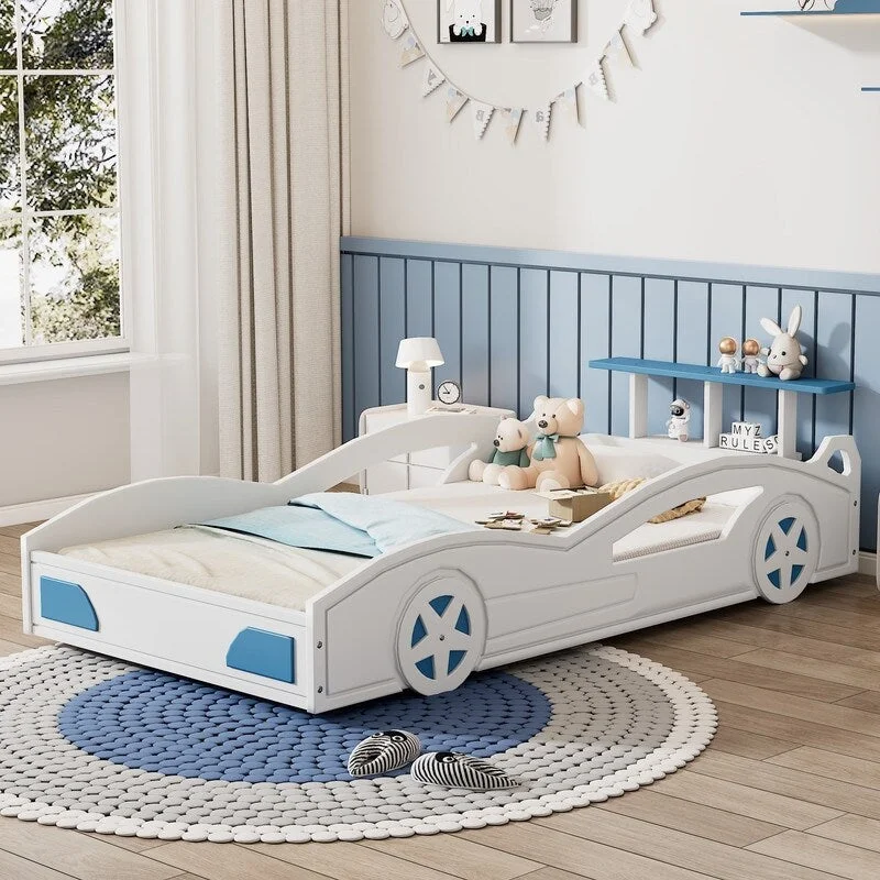 Wooden Race Car Bed, Car-Shaped Platform Twin Bed with Wheels For Teens