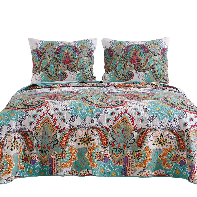 3 Piece Queen Size Cotton Quilt Set with Paisley Print, Teal Blue