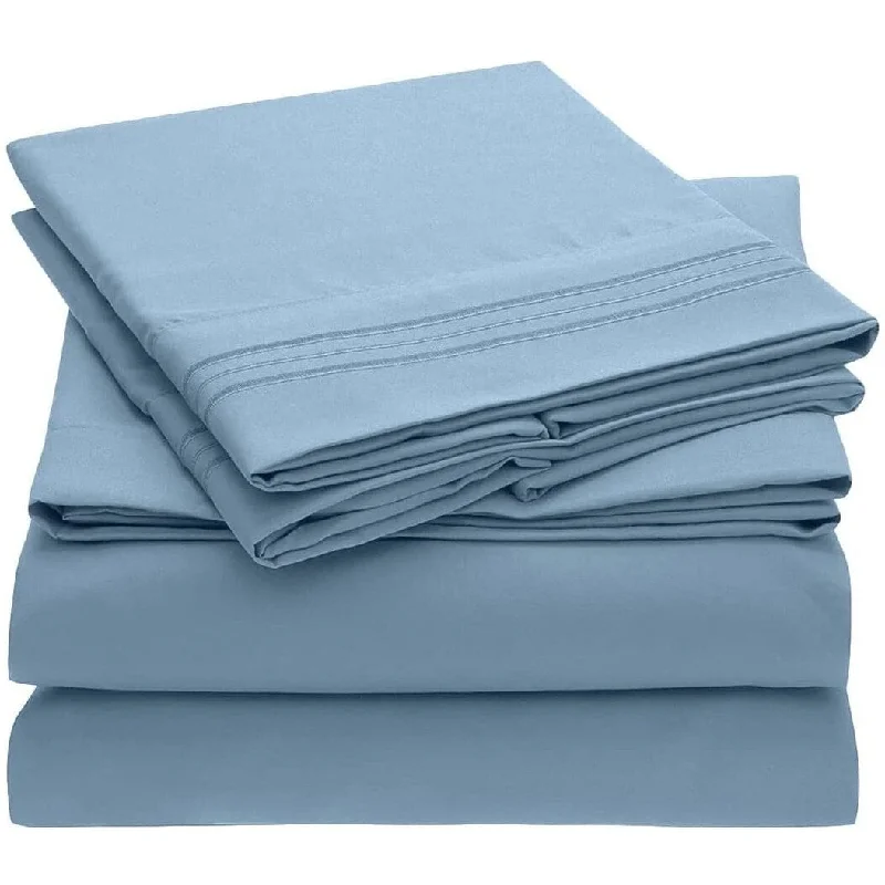 4 PC Denim Blue Sheet Set 2000 Embroidery Soft Cozy 12" Deep Pocket