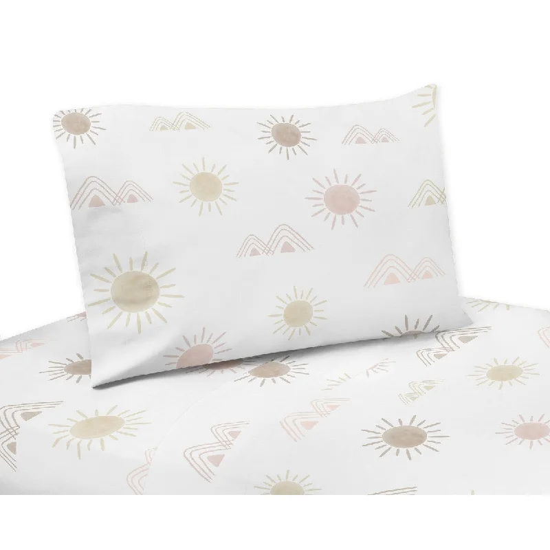 Boho Desert Sun 4pc Queen Sheet Set - Blush Pink Mauve Gold Taupe Bohemian Watercolor Mountains Southwest Nature Outdoors