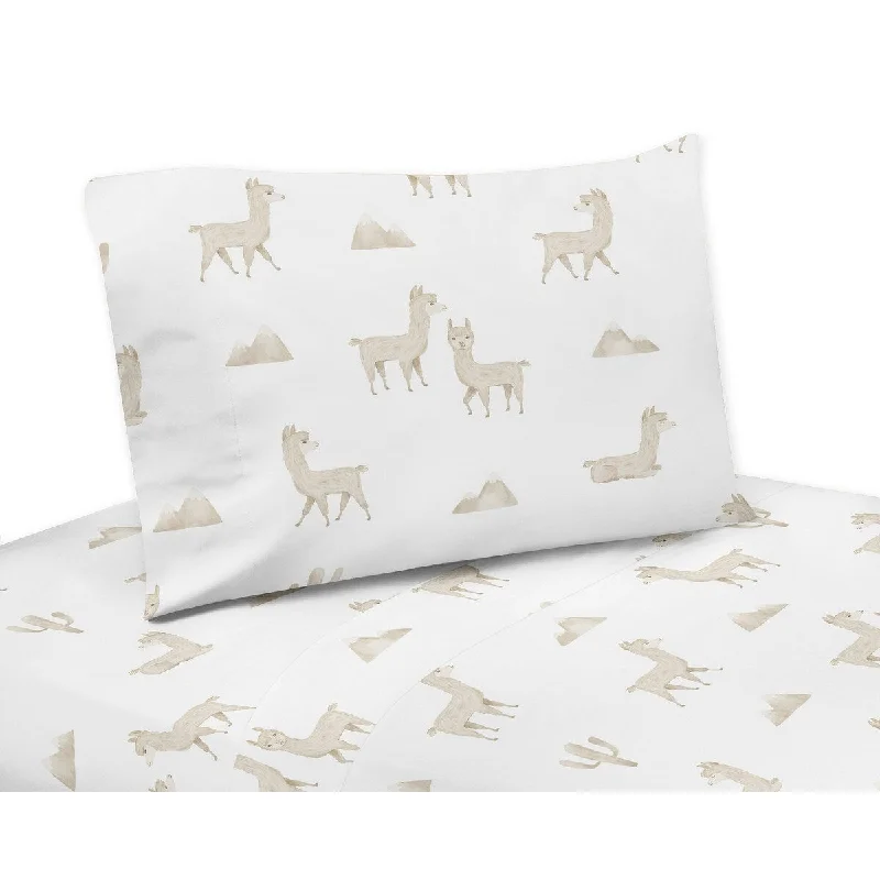 Boho Llama 3-piece Twin Sheet Set - Gender Neutral Beige Taupe Tan White Bohemian Southwest Aztec Watercolor Mountain Farmhouse