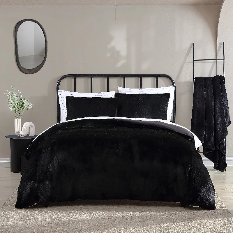 City Scene Solid Faux Fur Black Duvet Cover Set