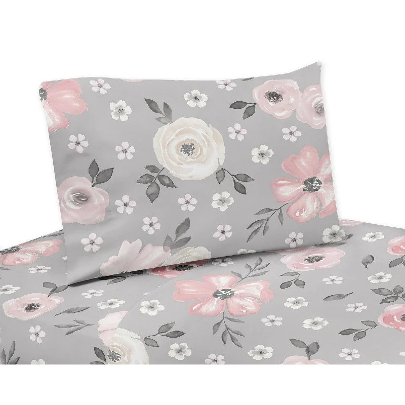 Grey Watercolor Floral Collection 3-piece Twin Sheet Set - Blush Pink Gray and White Shabby Chic Rose Flower Farmhouse