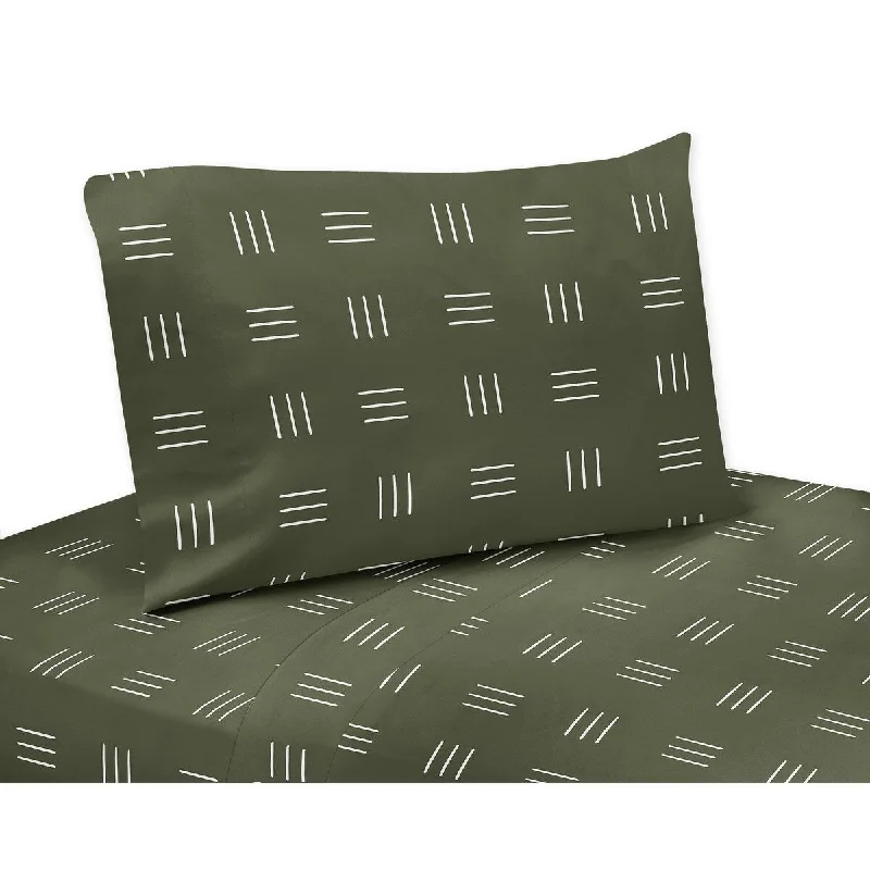 Hunter Green Boho Mudcloth Twin Sheet Set White Bohemian Woodland Tribal Southwest Mud Cloth Hatch Gender Neutral Safari Jungle