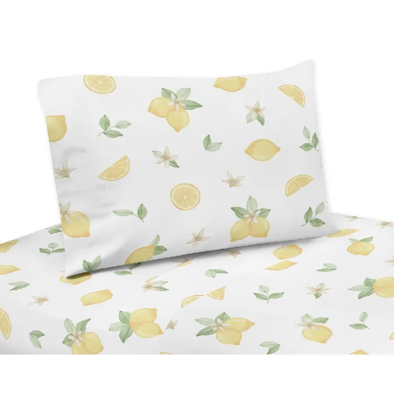 Lemon Floral 4-piece Queen Sheet Set - Yellow Green White Watercolor Boho Bohemian Farmhouse Fruit Flower Blossom Botanical Leaf