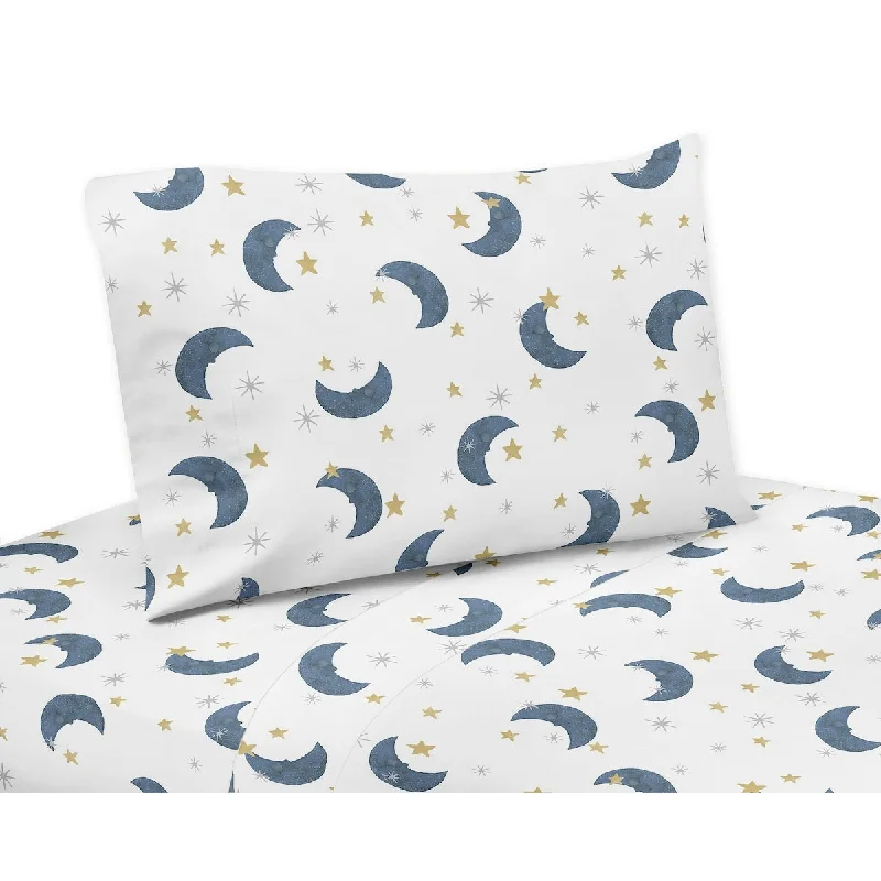 Moon and Star Collection 3-piece Twin Sheet Set - Navy Blue and Gold Watercolor Celestial Sky Gender Neutral Outer Space Galaxy