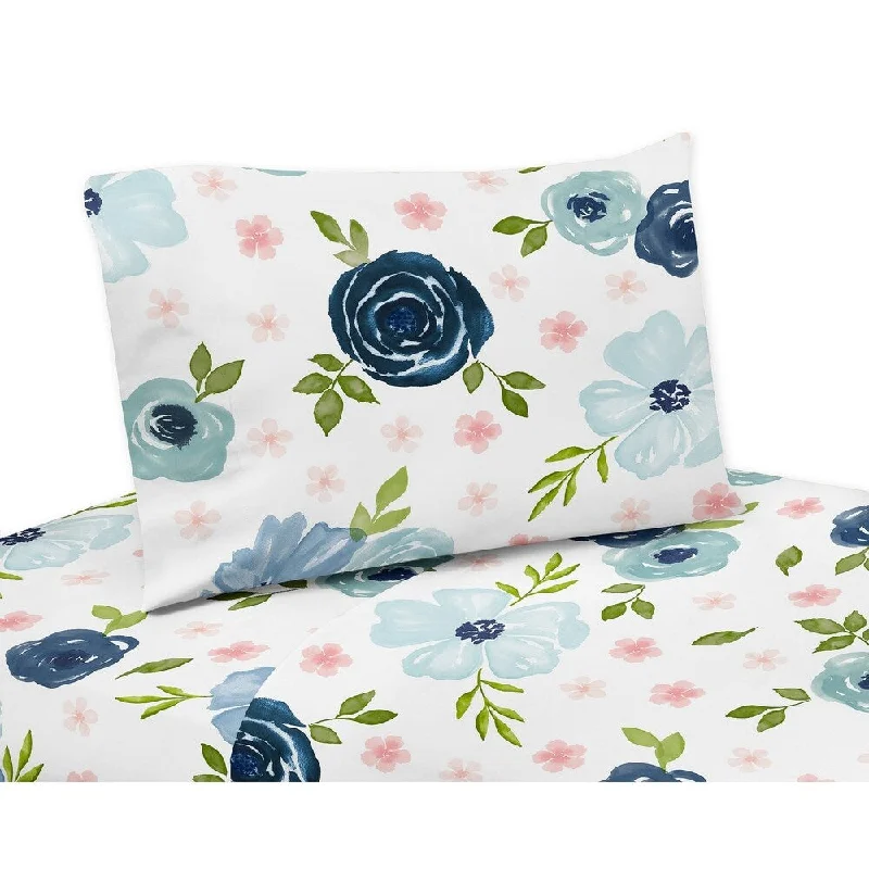 Navy Blue and Pink Watercolor Floral 3-piece Twin Sheet Set - Blush, Green and White Shabby Chic Rose Flower