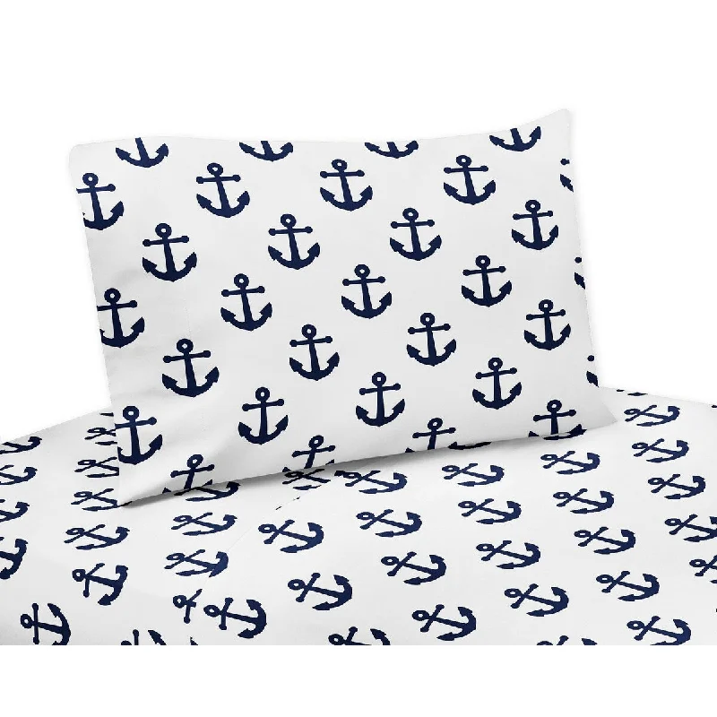 Navy Blue White Anchors 4-piece Queen Sheet Set - Nautical Theme Ocean Sailboat Sea Marine Sailor Anchor Unisex Gender Neutral