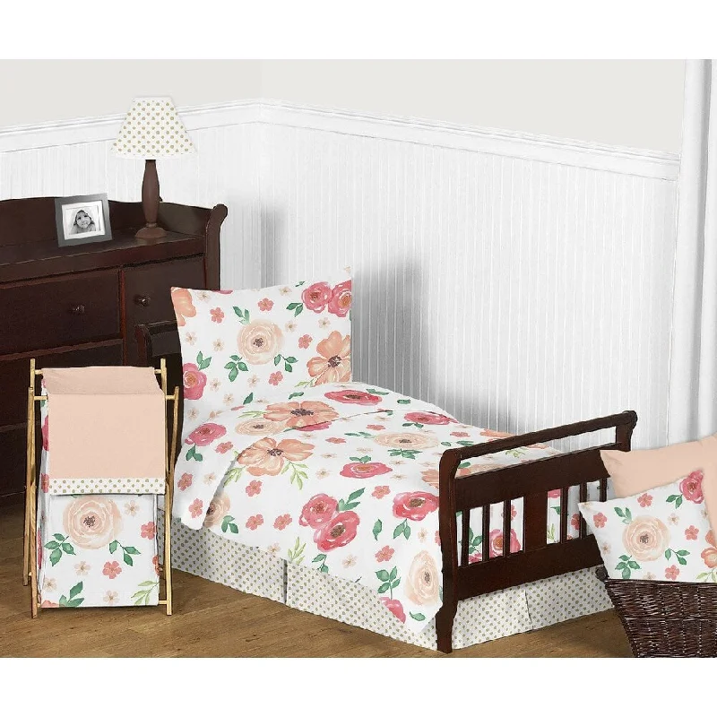 Sweet Jojo Designs Peach and Green Shabby Chic Watercolor Floral Collection Girl 5-piece Toddler-size Comforter Set