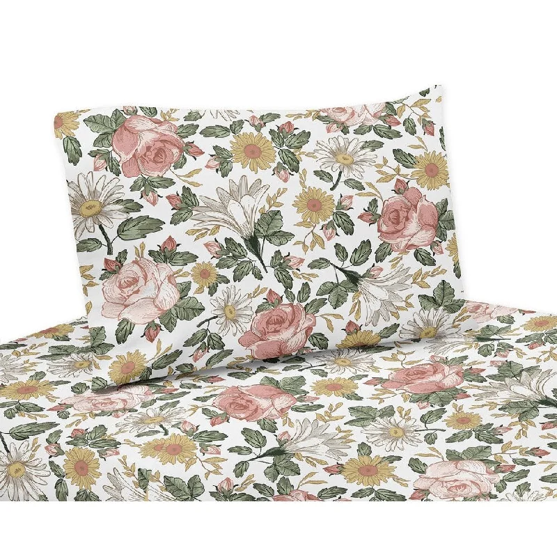 Sweet Jojo Designs Vintage Floral Boho Collection 3pc Twin Sheet Set Blush Pink Yellow Green White Shabby Chic Flower Farmhouse