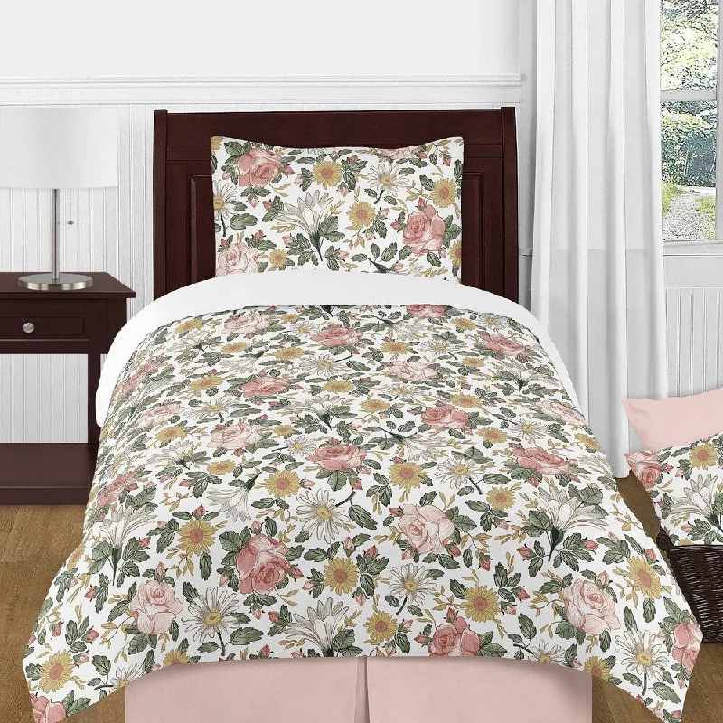 Sweet Jojo Designs Vintage Floral Boho Girl 4-piece Twin Comforter Set Blush Pink Yellow Green White Shabby Chic Rose Farmhouse