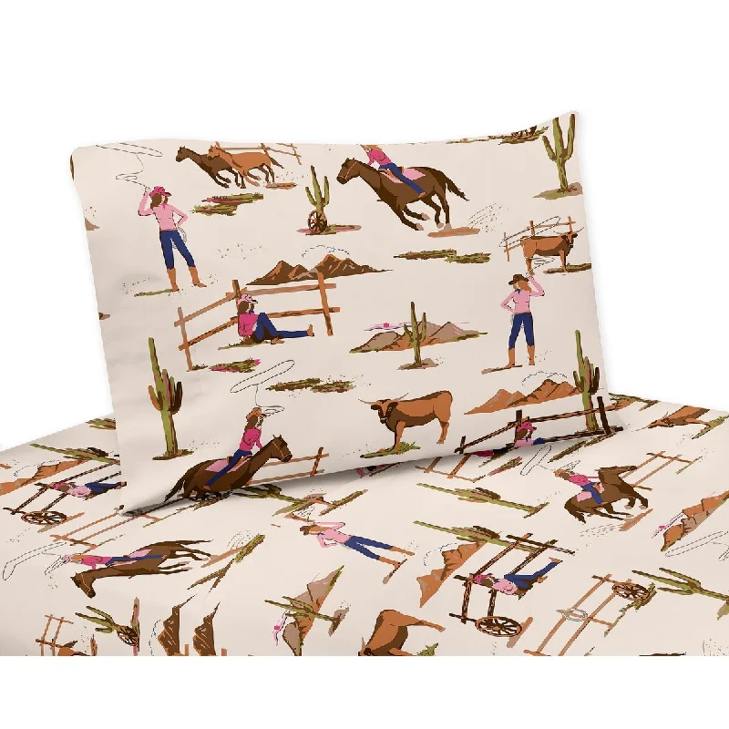 Sweet Jojo Designs Western Cowgirl Girl 3p Twin Sheet Set Wild West Vintage Country Animal Horse Southwest Beige Brown Pink Blue