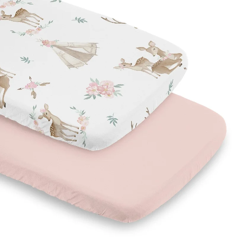 Sweet Jojo Designs Woodland Deer Floral Girl 2 Pack Baby Bassinet Fitted Sheets Pink Boho Bohemian Watercolor Forest Animal Chic