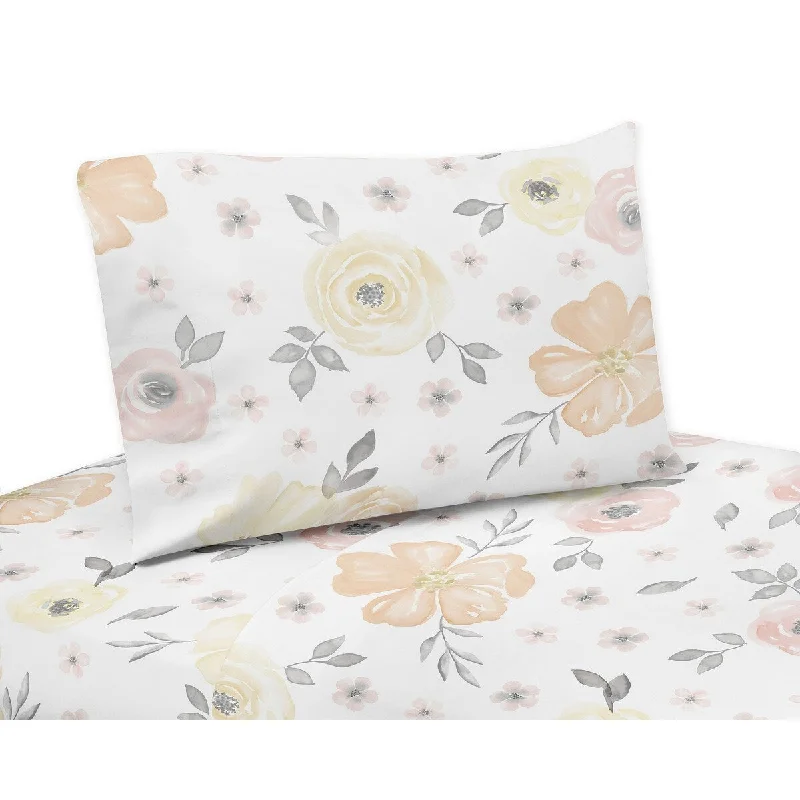 Yellow and Pink Watercolor Floral Collection 4-piece Queen Sheet Set - Blush Peach Grey White Shabby Chic Rose Flower Farmhouse