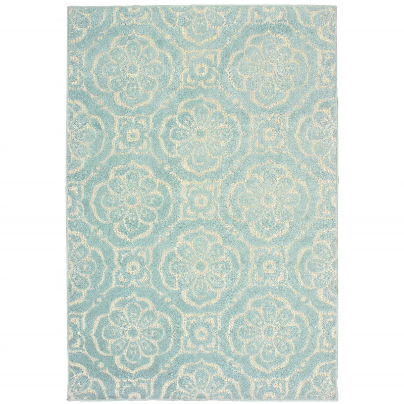 10' X 13' Floral Stain Resistant Indoor / Outdoor Area Rug - Blue / Ivory