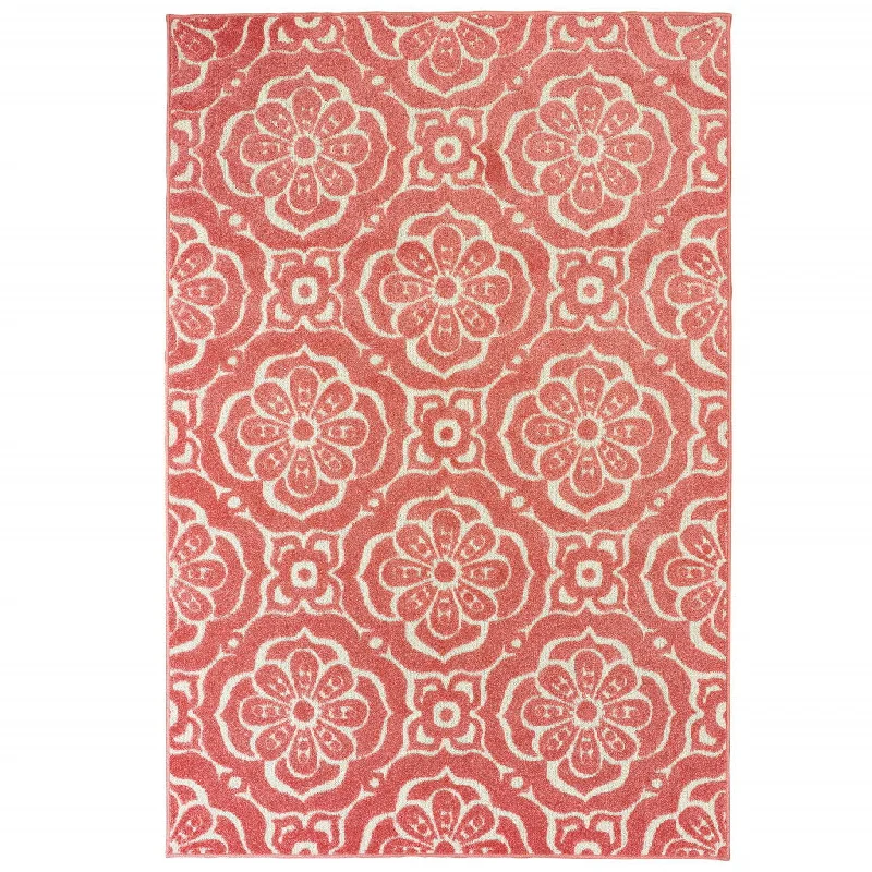 10' X 13' Floral Stain Resistant Indoor / Outdoor Area Rug - Pink