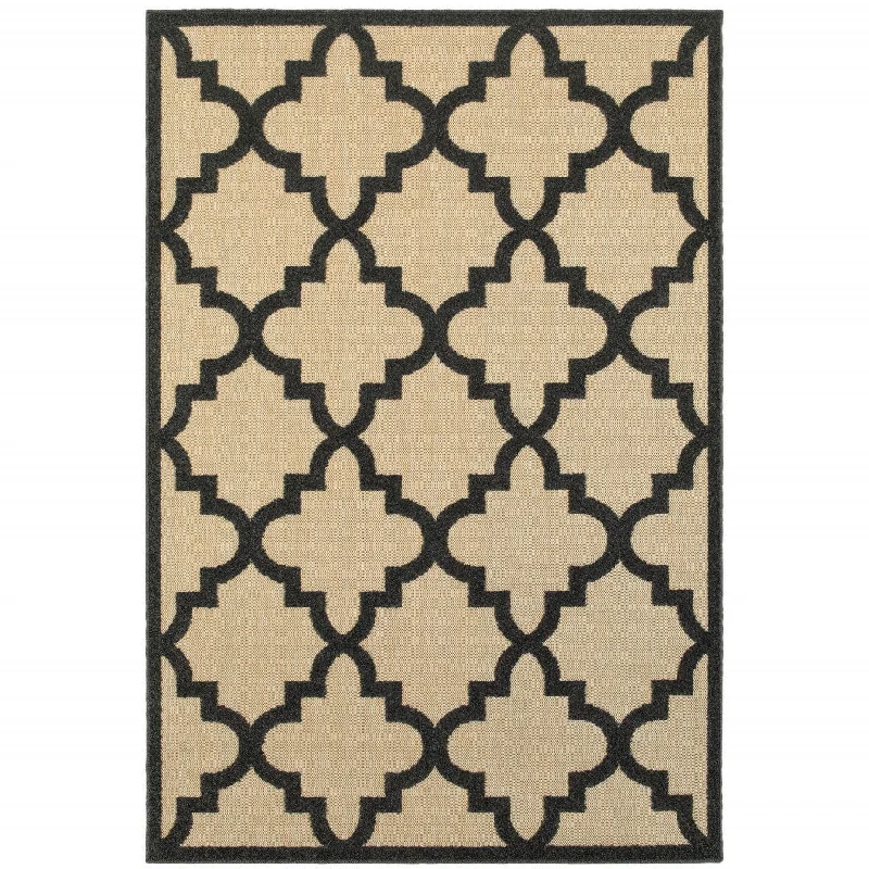 10' X 13' Geometric Stain Resistant Indoor / Outdoor Area Rug - Beige / Black